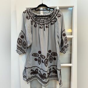 Anthropologie Blue Tassel Boho Hippie Chic 100% Silk Embroidered Dress Size XS